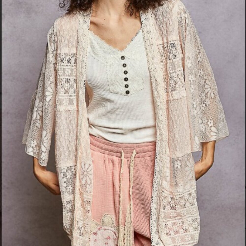 POL Elegant Lace Kimono Cardigan Blush Pink NEW
